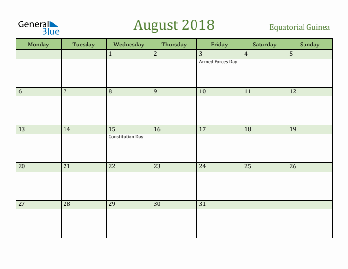 August 2018 Calendar with Equatorial Guinea Holidays