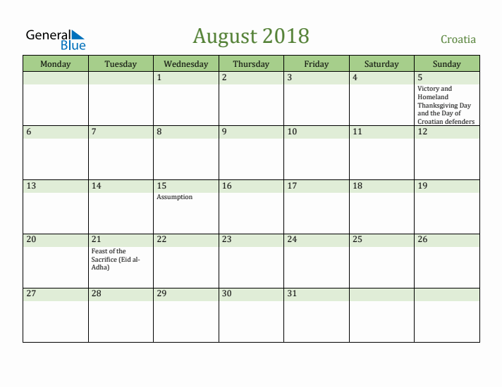 August 2018 Calendar with Croatia Holidays