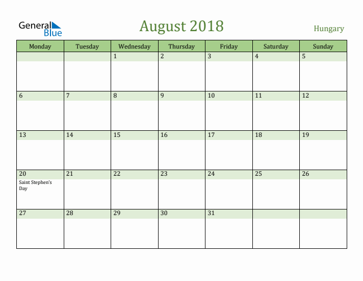 August 2018 Calendar with Hungary Holidays