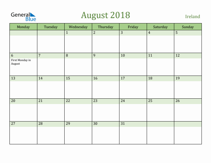 August 2018 Calendar with Ireland Holidays