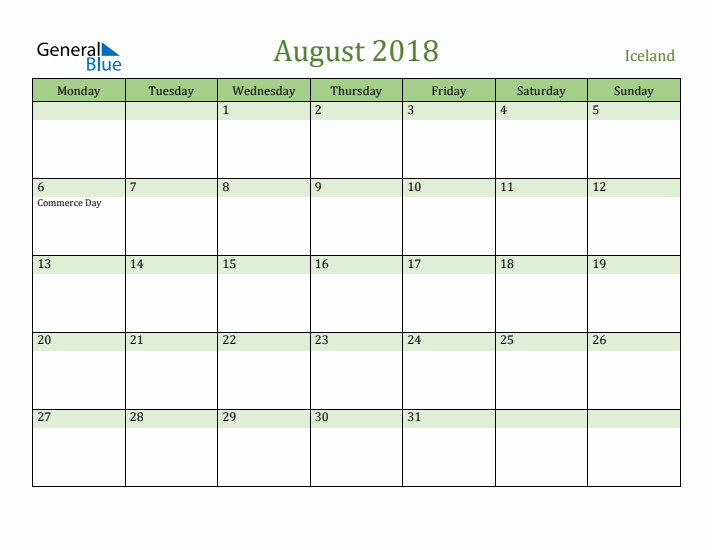 August 2018 Calendar with Iceland Holidays