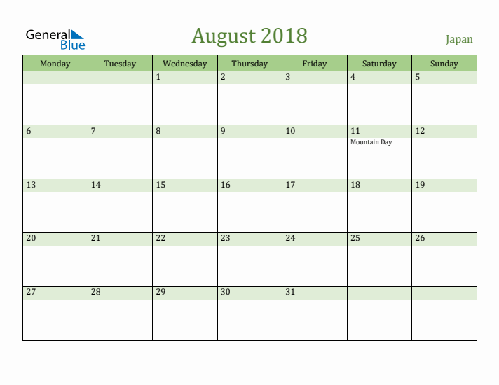 August 2018 Calendar with Japan Holidays