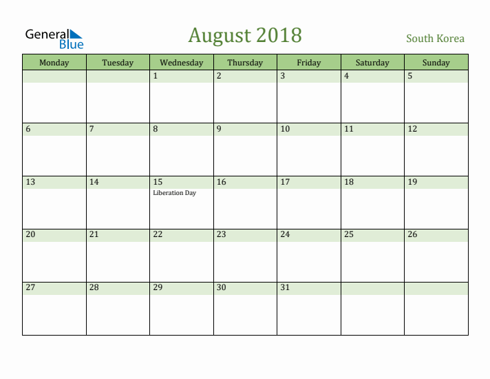 August 2018 Calendar with South Korea Holidays