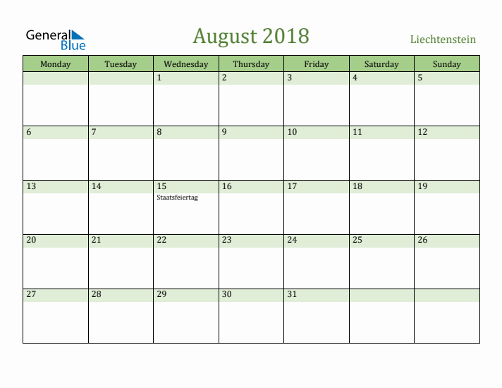 August 2018 Calendar with Liechtenstein Holidays