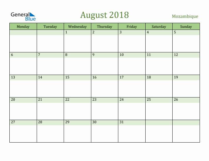 August 2018 Calendar with Mozambique Holidays