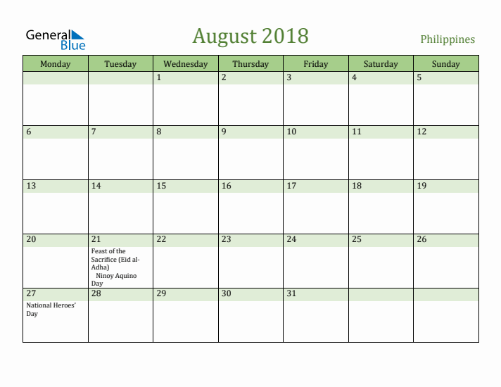 August 2018 Calendar with Philippines Holidays