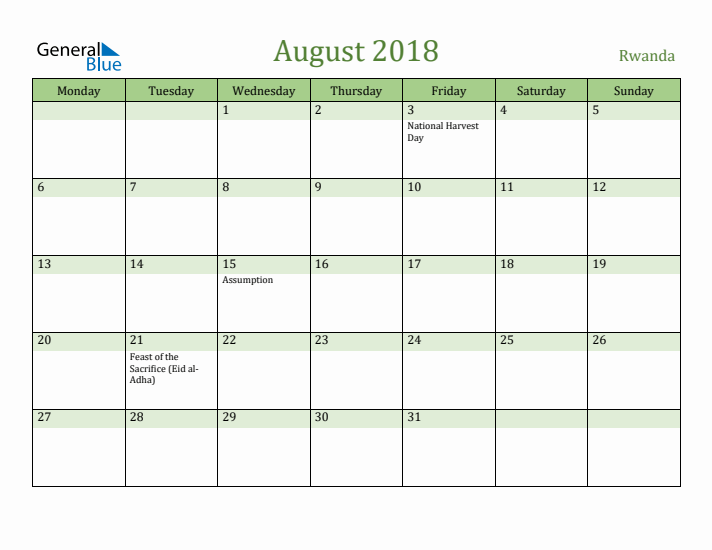 August 2018 Calendar with Rwanda Holidays