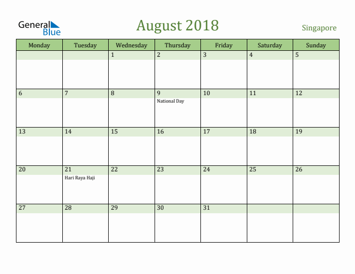 August 2018 Calendar with Singapore Holidays