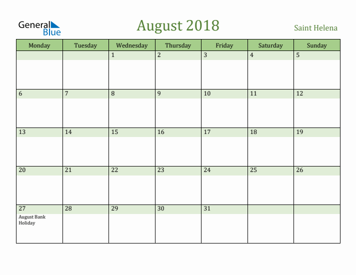 August 2018 Calendar with Saint Helena Holidays