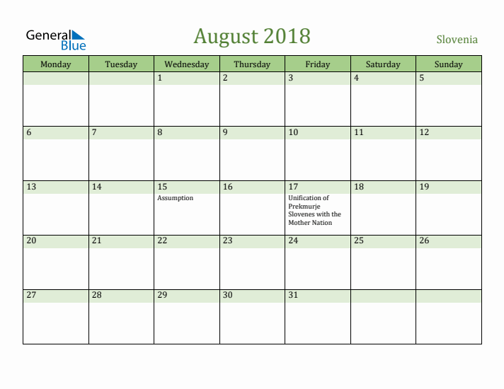 August 2018 Calendar with Slovenia Holidays
