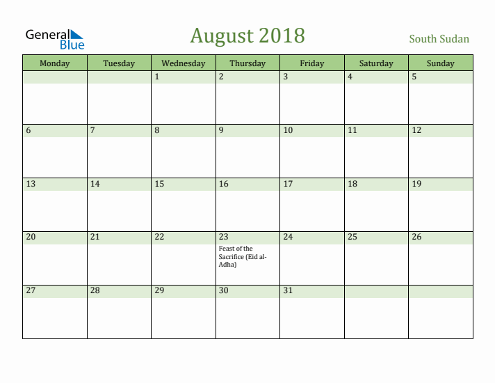 August 2018 Calendar with South Sudan Holidays