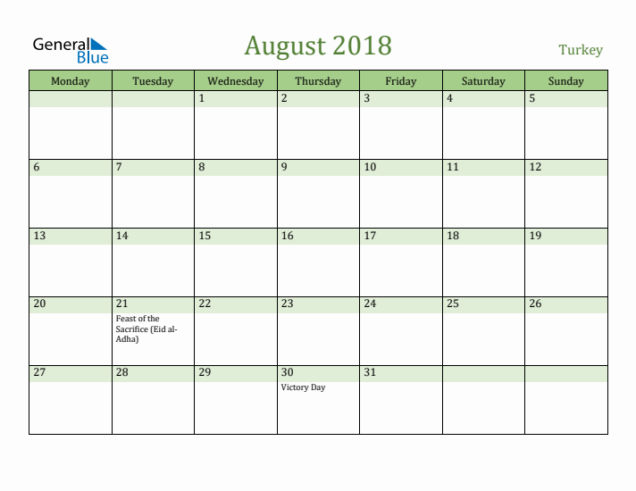 August 2018 Calendar with Turkey Holidays