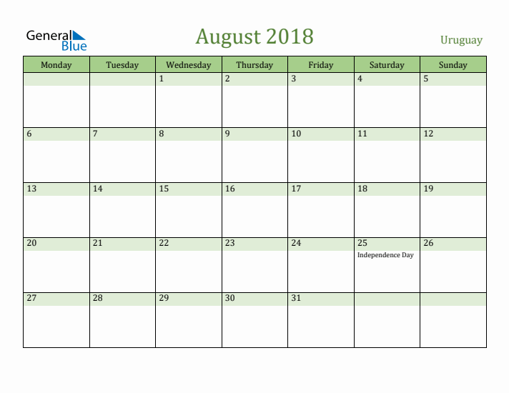 August 2018 Calendar with Uruguay Holidays