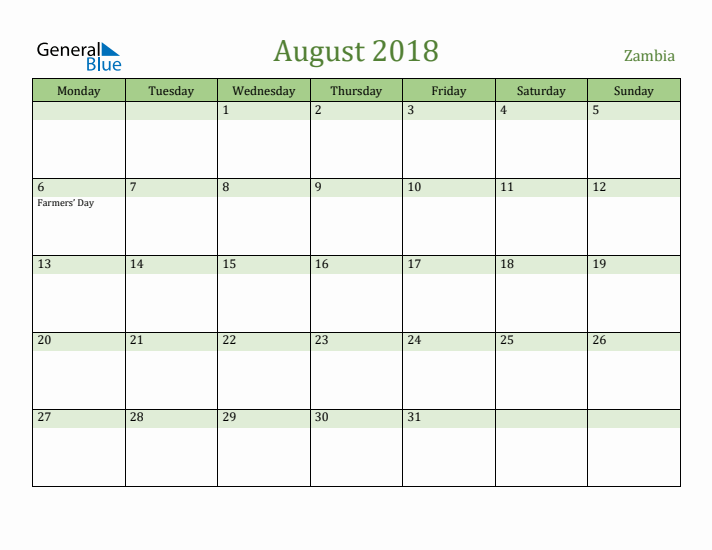 August 2018 Calendar with Zambia Holidays