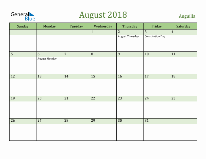 August 2018 Calendar with Anguilla Holidays
