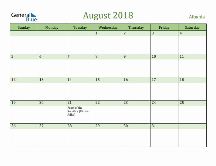 August 2018 Calendar with Albania Holidays