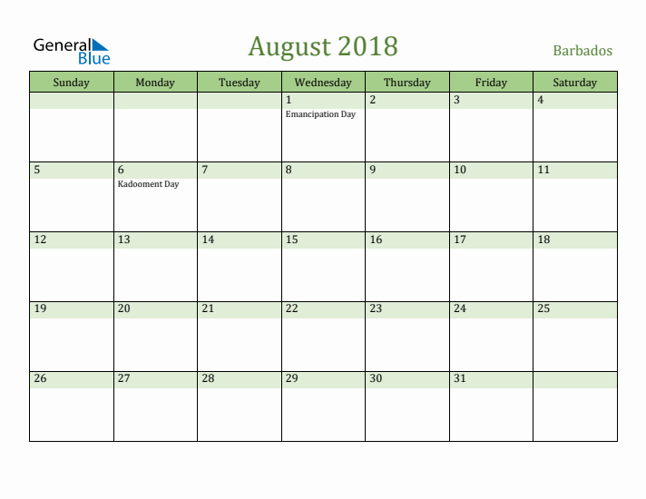 August 2018 Calendar with Barbados Holidays