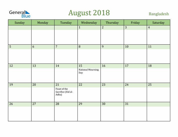 August 2018 Calendar with Bangladesh Holidays
