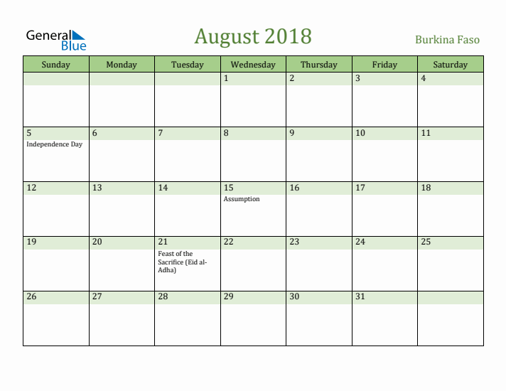 August 2018 Calendar with Burkina Faso Holidays
