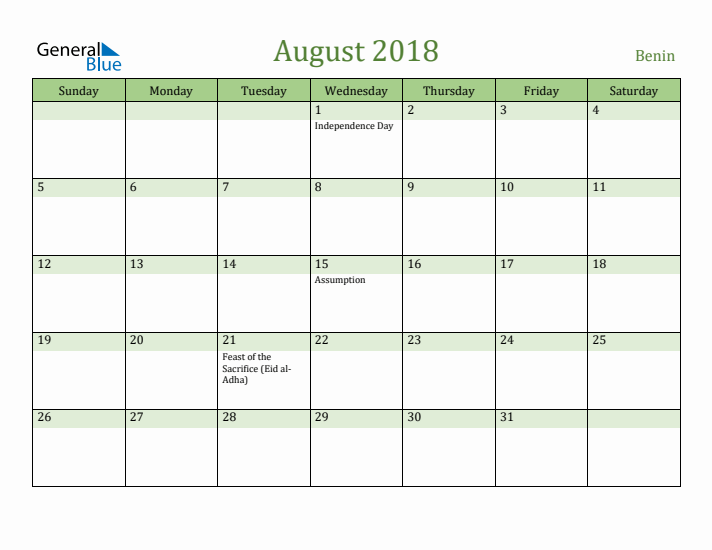 August 2018 Calendar with Benin Holidays