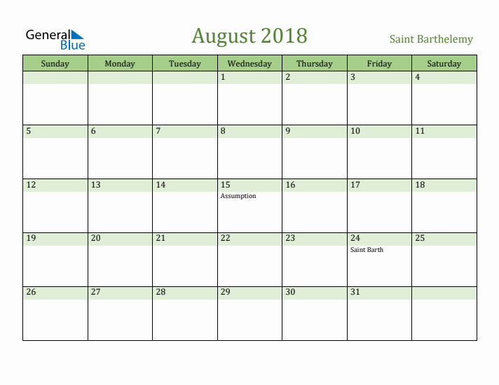 August 2018 Calendar with Saint Barthelemy Holidays