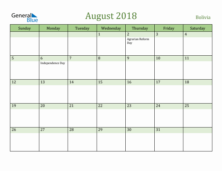 August 2018 Calendar with Bolivia Holidays