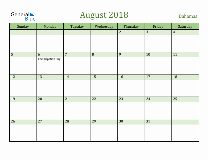 August 2018 Calendar with Bahamas Holidays