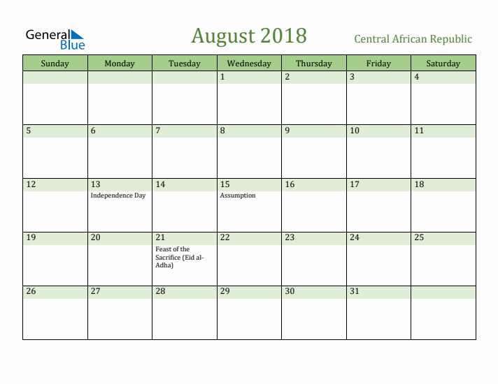 August 2018 Calendar with Central African Republic Holidays