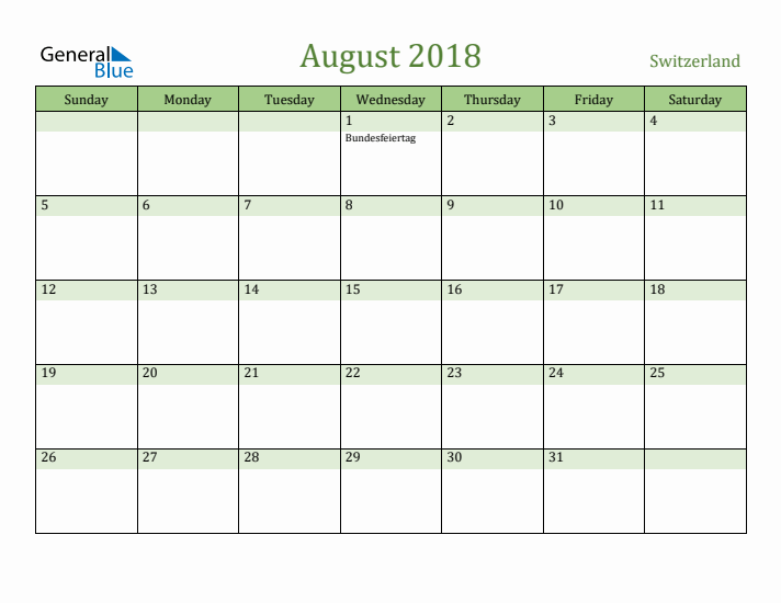 August 2018 Calendar with Switzerland Holidays