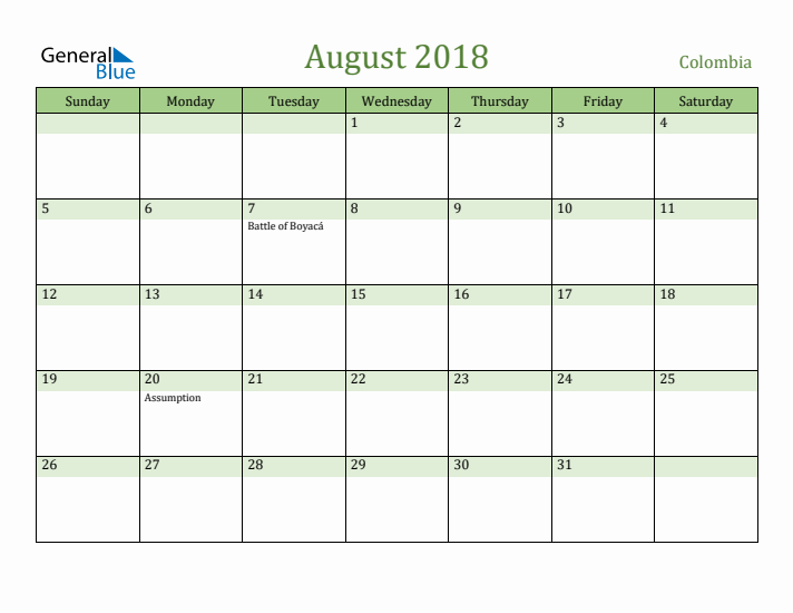 August 2018 Calendar with Colombia Holidays