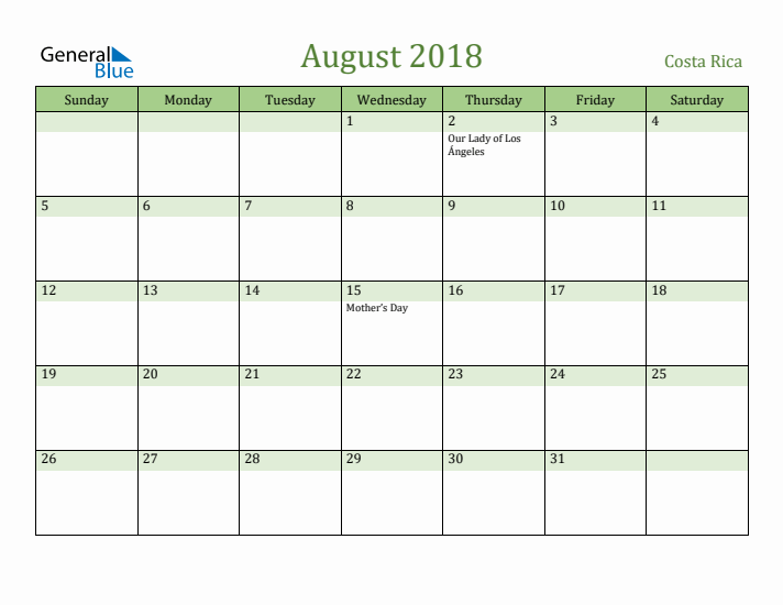August 2018 Calendar with Costa Rica Holidays
