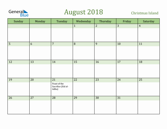 August 2018 Calendar with Christmas Island Holidays