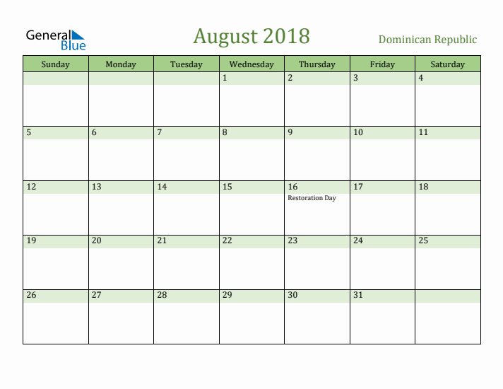 August 2018 Calendar with Dominican Republic Holidays
