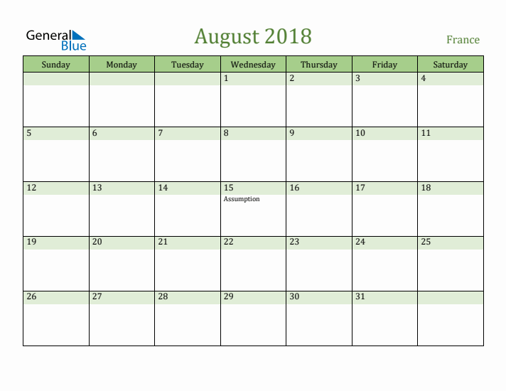 August 2018 Calendar with France Holidays