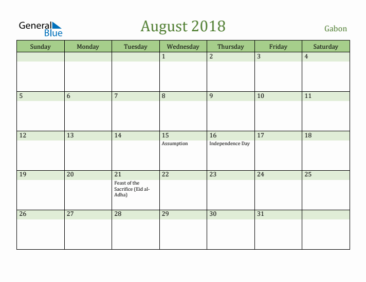 August 2018 Calendar with Gabon Holidays