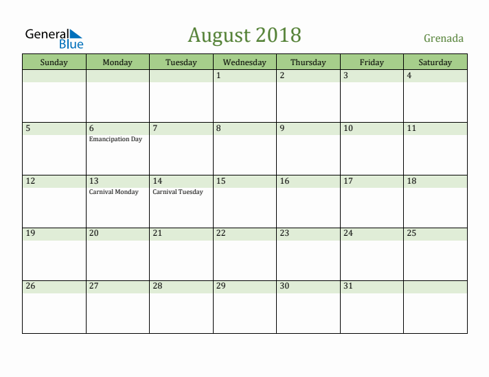August 2018 Calendar with Grenada Holidays