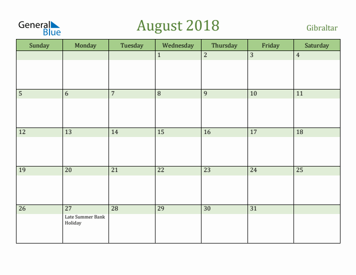 August 2018 Calendar with Gibraltar Holidays