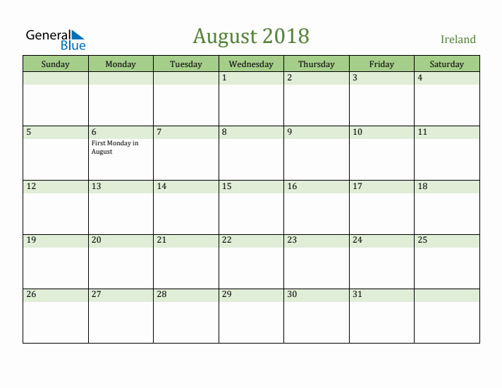 August 2018 Calendar with Ireland Holidays