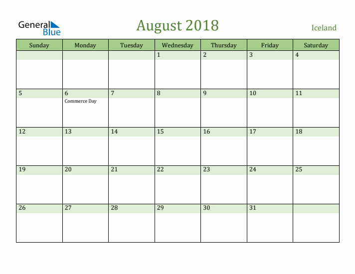 August 2018 Calendar with Iceland Holidays