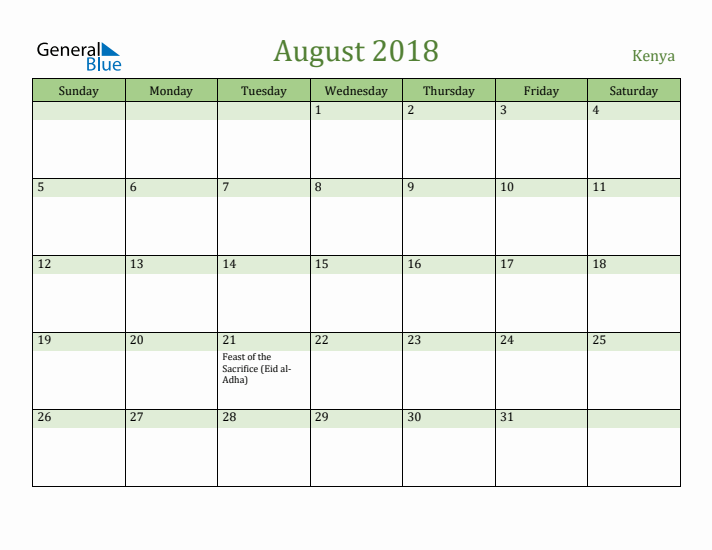 August 2018 Calendar with Kenya Holidays