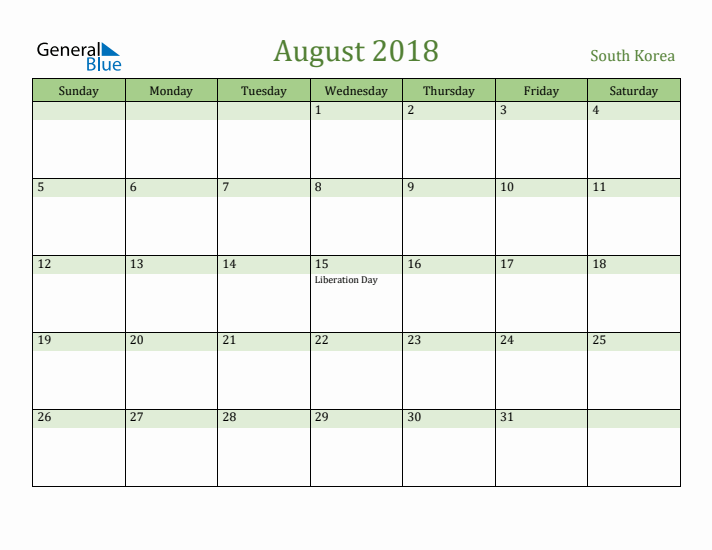 August 2018 Calendar with South Korea Holidays