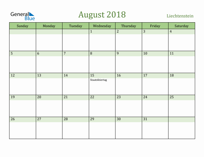 August 2018 Calendar with Liechtenstein Holidays