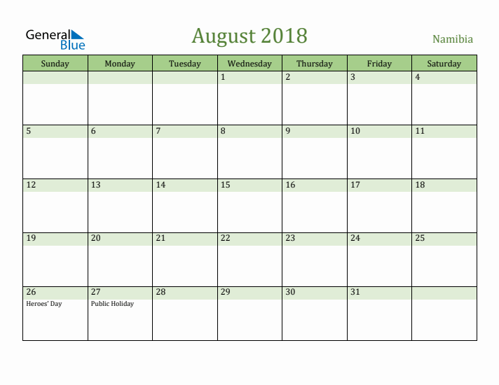 August 2018 Calendar with Namibia Holidays