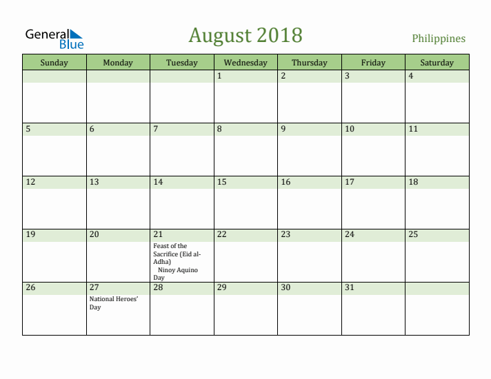 August 2018 Calendar with Philippines Holidays
