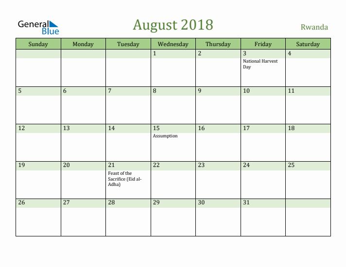 August 2018 Calendar with Rwanda Holidays