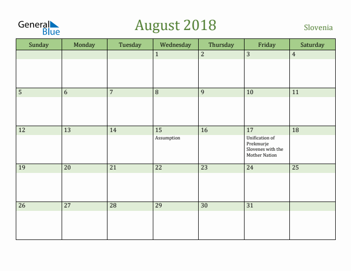 August 2018 Calendar with Slovenia Holidays