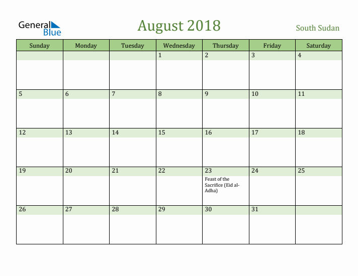 August 2018 Calendar with South Sudan Holidays