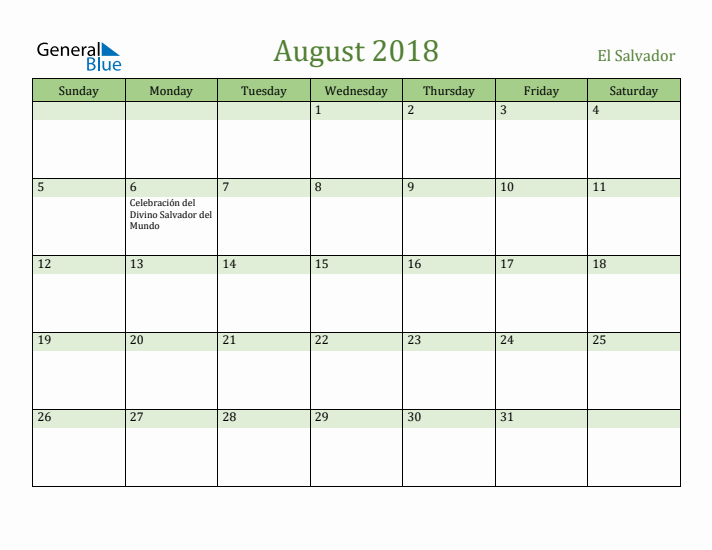 August 2018 Calendar with El Salvador Holidays