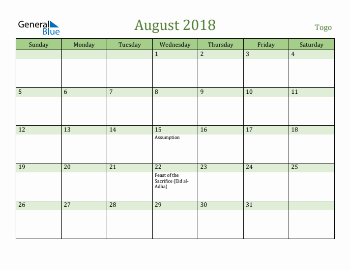August 2018 Calendar with Togo Holidays