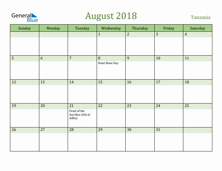 August 2018 Calendar with Tanzania Holidays